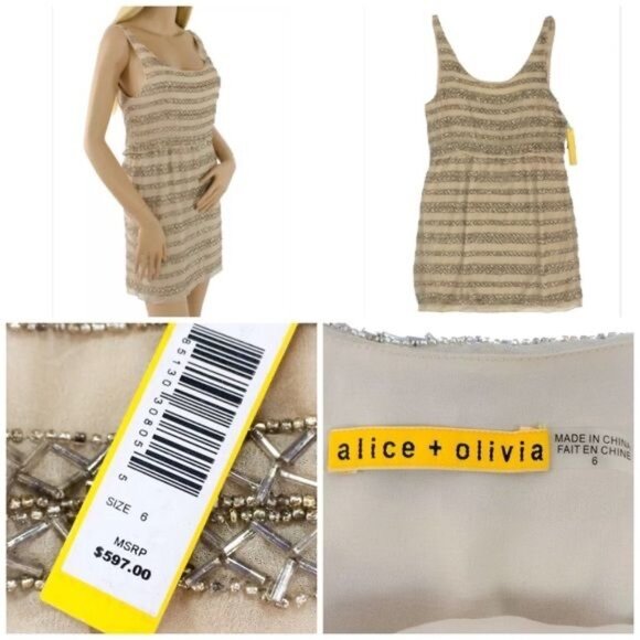 Vintage NWT Alice & Olivia Luxury Designer Nude Beaded Scoop Back Tank Dress - Picture 8 of 16